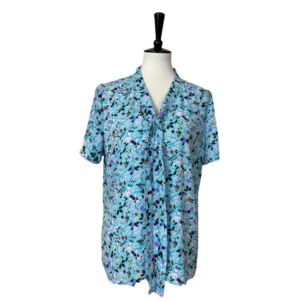 Talbots Tie Neck Top Blouse Short Sleeves Blue Multi Floral Women’s Size Large